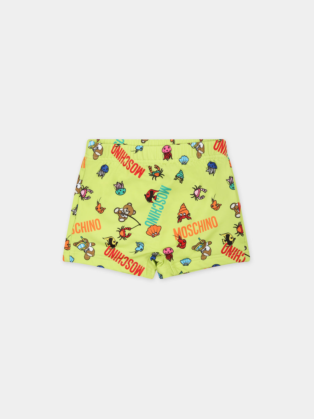 Green swim shorts for baby boy with marine animals and logo